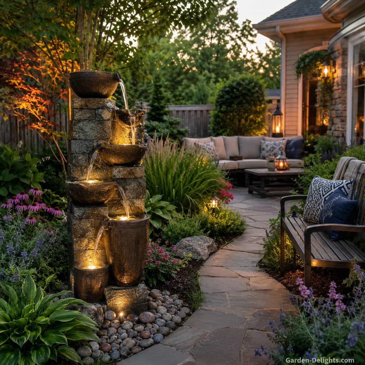 Tiered garden fountain producing layered cascading water beside flowering perennials, ornamental grasses, natural stone, curved pathways and a quiet outdoor seating area
