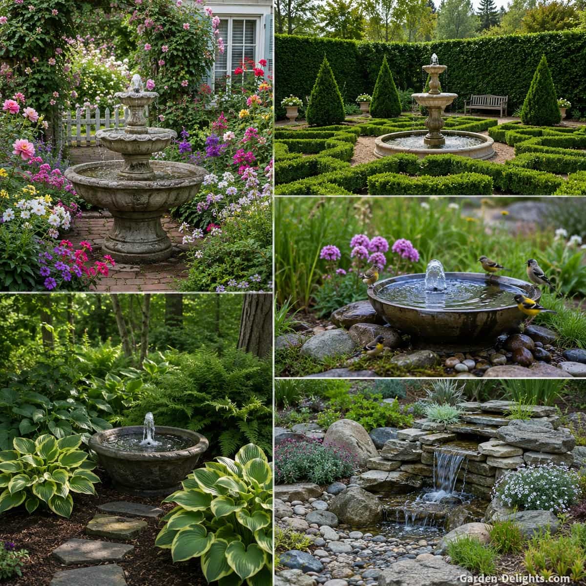 Outdoor garden fountain design showing romantic cottage flowers, symmetrical formal hedges, wildlife friendly planting, shaded foliage and natural stone rock garden landscaping