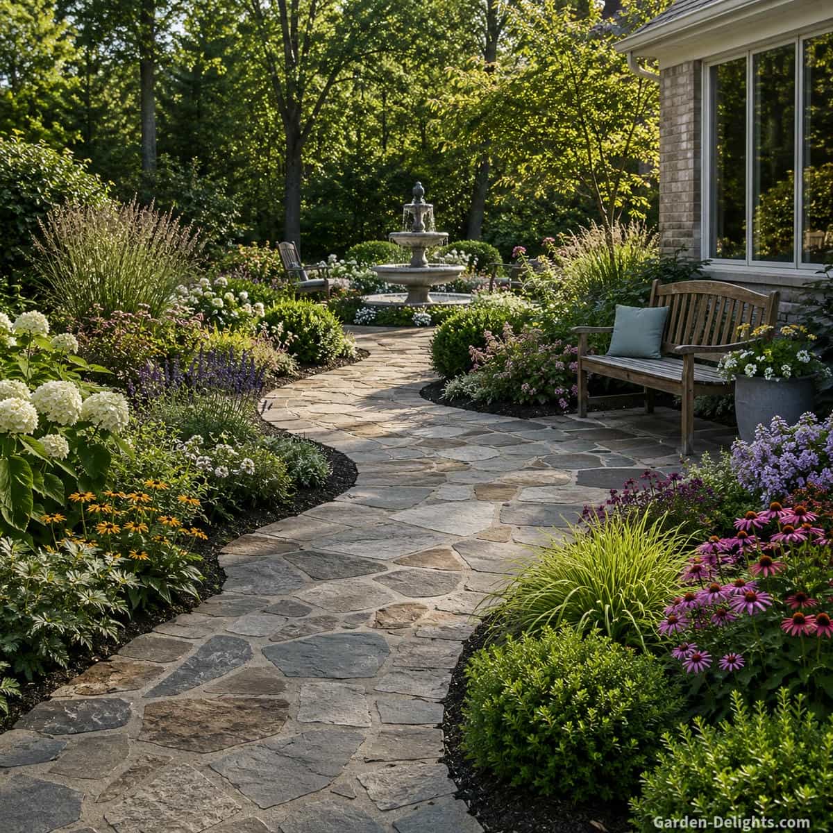 Peaceful garden fountain viewed from a bench beside a curved stone pathway with flowering borders, mature shrubs and open sightlines creating a relaxing landscape destination