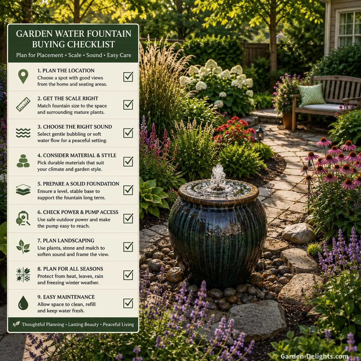 Garden water fountain buying checklist beside a bubbling urn fountain in a landscaped garden, covering location, size, sound, material, foundation, power, planting, seasonal care and maintenance