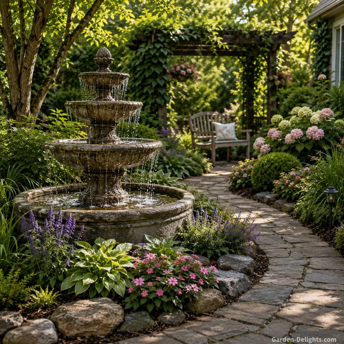 Elegant tiered garden water fountain beside a curved garden pathway with flowering perennials, ornamental grasses, natural stone edging and a nearby garden bench creating a peaceful outdoor retreat with layered cascading water
