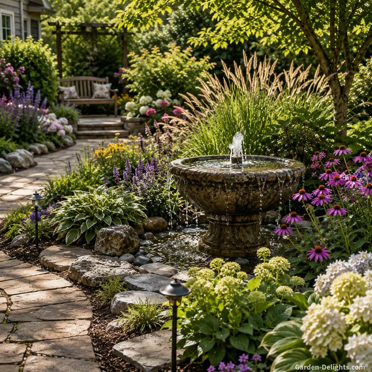 Garden water fountain placed among flowering perennials, ornamental grasses, natural stone and a curved garden path with gentle bubbling water creating a peaceful outdoor retreat that symbolizes balance, renewal and harmony with the landscape