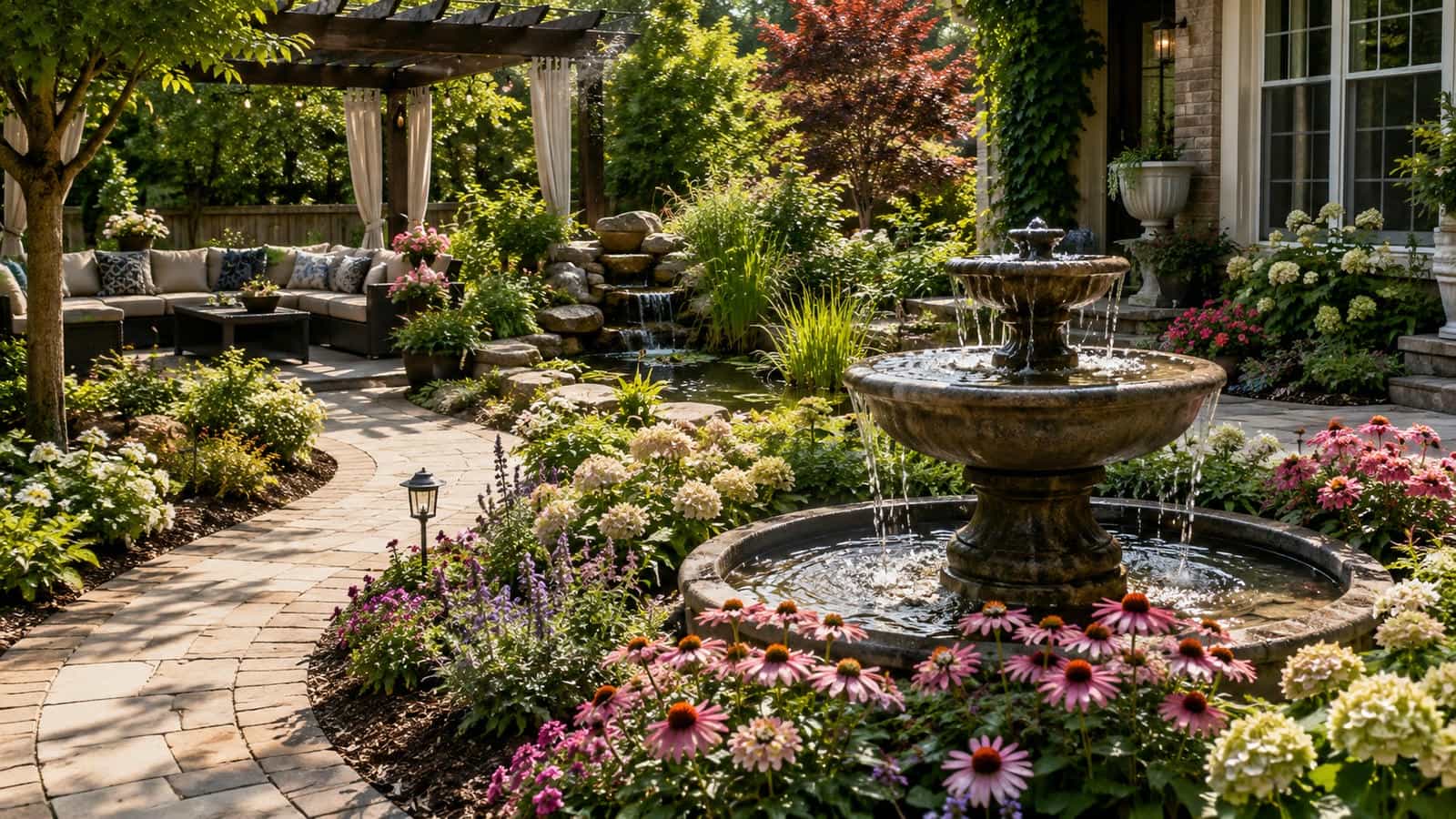 Garden water fountain in a landscaped backyard with flower beds, curved stone paths, ornamental grasses, shrubs, garden bench and layered planting surrounding a natural water feature focal point