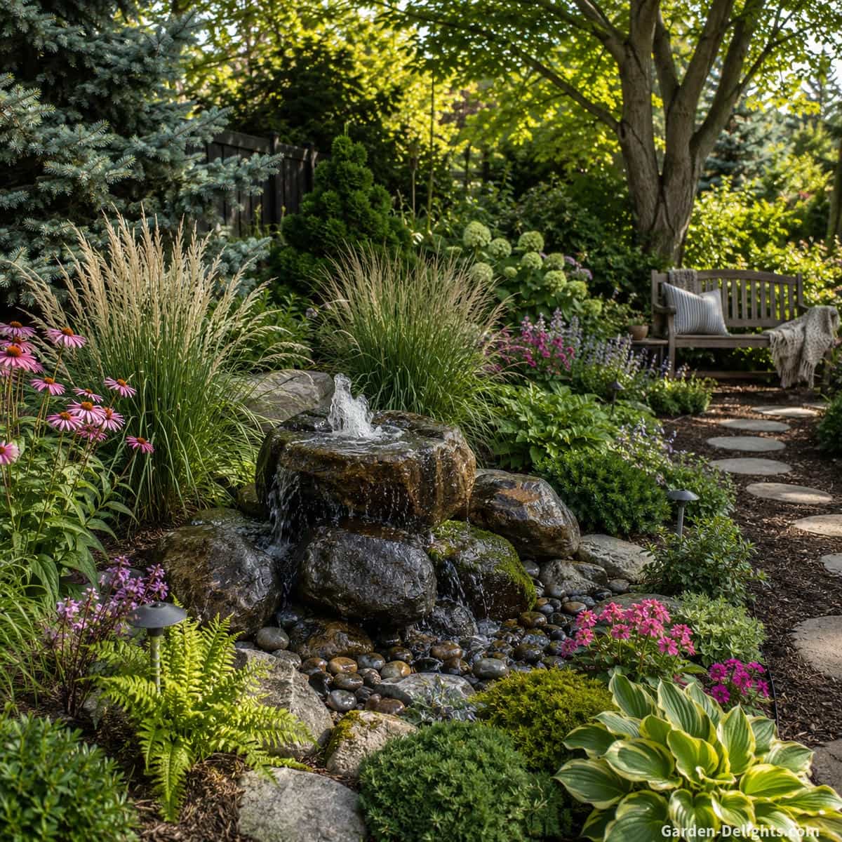 Natural bubbling rock garden fountain with steady flowing water surrounded by mature ornamental grasses, flowering perennials, evergreen shrubs, an open maintenance path and a quiet backyard bench