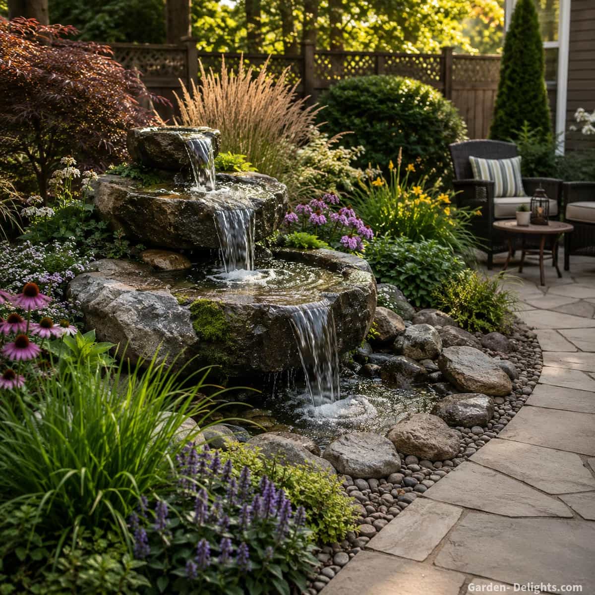 Natural cascading rock garden fountain flowing over layered stone ledges beside ornamental grasses, flowering perennials, evergreen shrubs and smooth river rock, showing how plants and natural surfaces create softer, more relaxing garden fountain sound in a peaceful backyard landscape