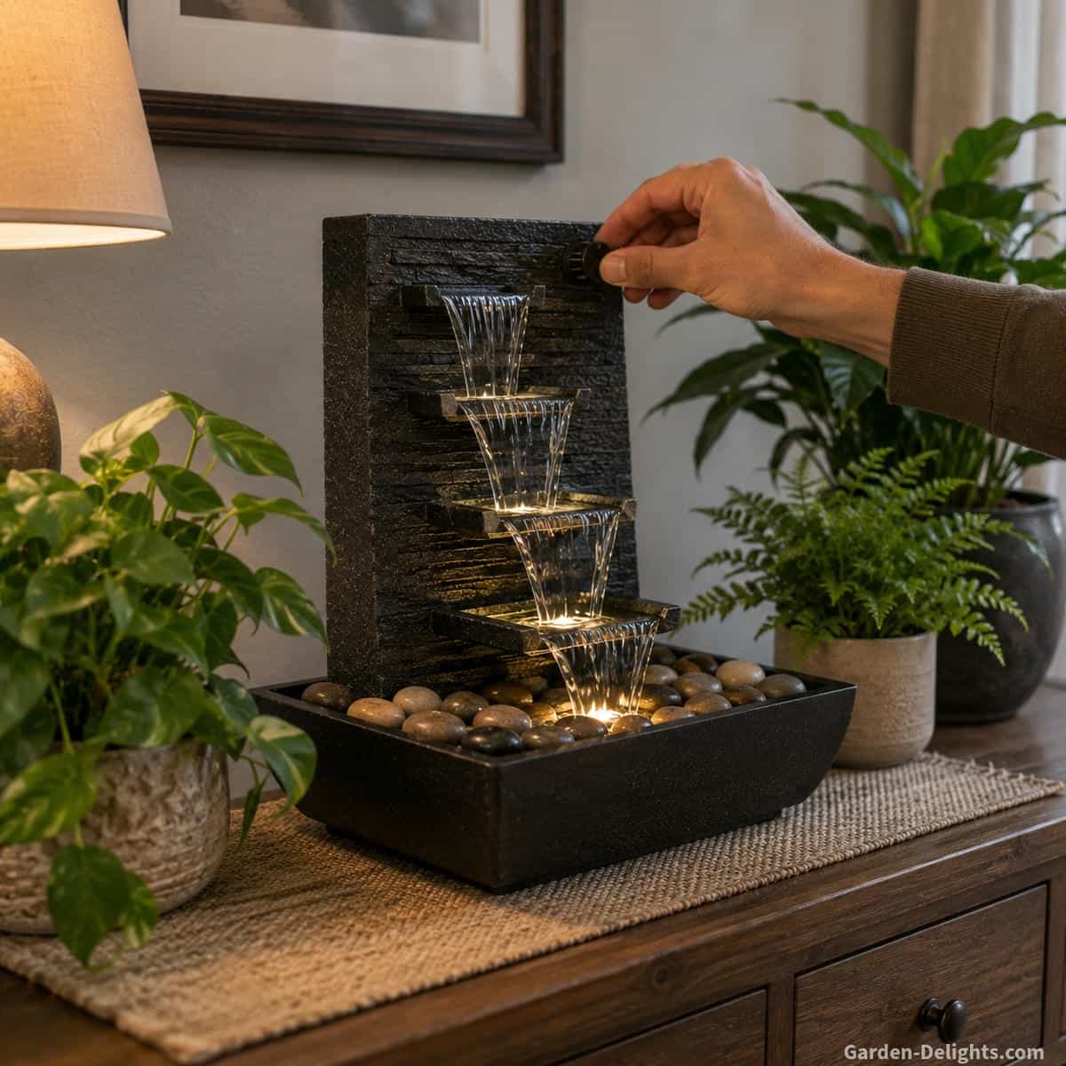 Compact indoor cascading fountain being adjusted by hand on a protected console with smooth stones, houseplants and controlled trickling water for quieter pump operation and balanced room acoustics