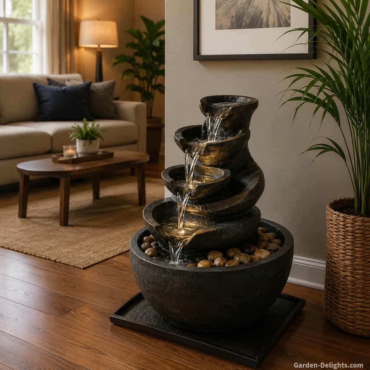 Comfortable living room with a freestanding indoor water fountain, natural stone texture, warm wood furniture, houseplants, neutral decor and protected flooring