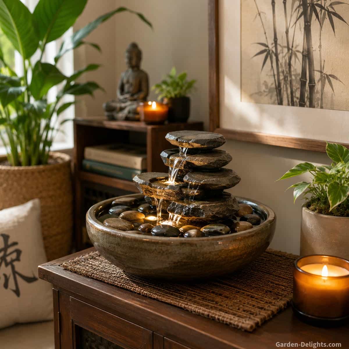 Compact Zen tabletop water fountain with stacked stone, a shallow basin, river pebbles and gentle flowing water in a quiet meditation corner