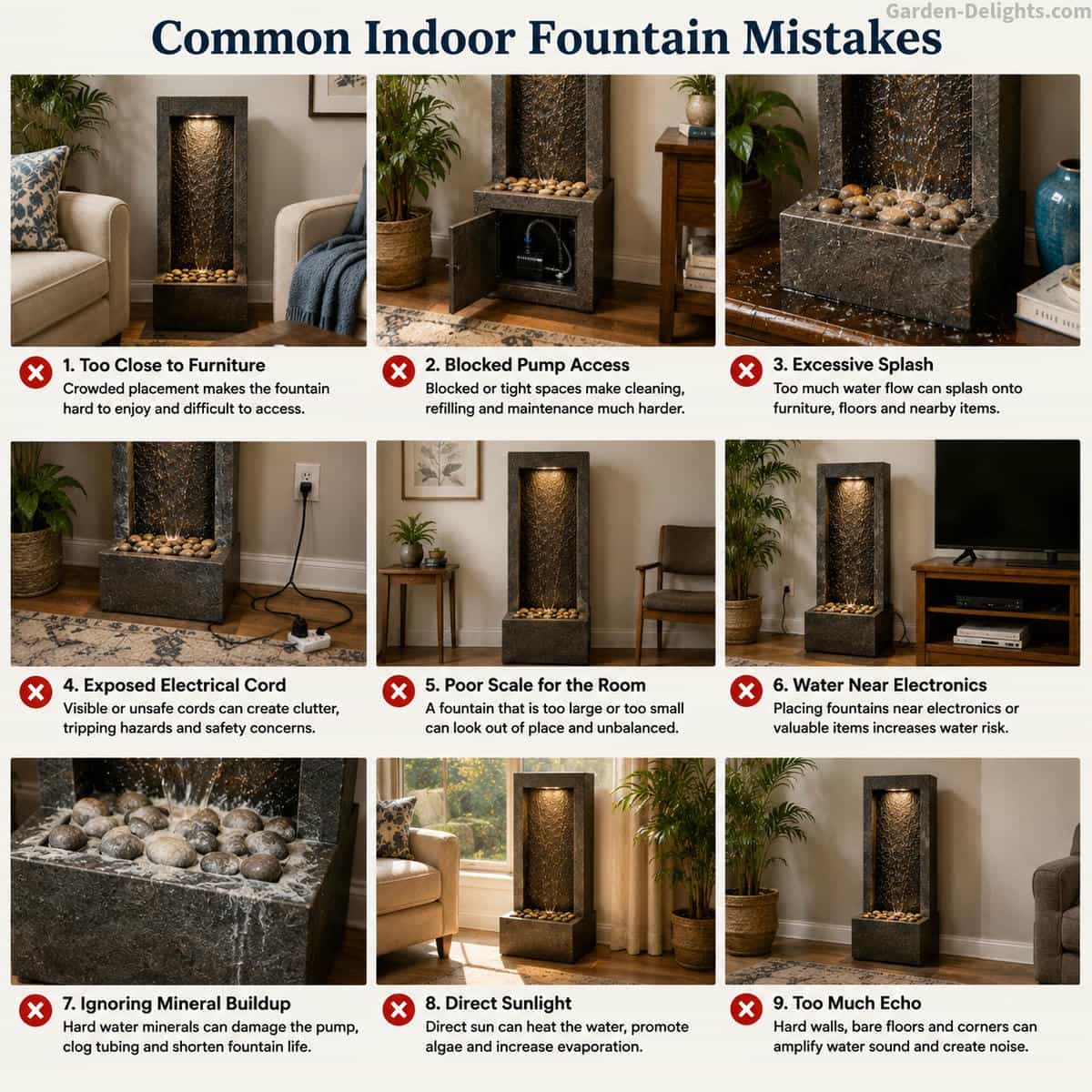 Indoor water fountain showing common placement mistakes including furniture crowding, blocked pump access, excessive splash, exposed electrical cord, poor room scale and water near electronics