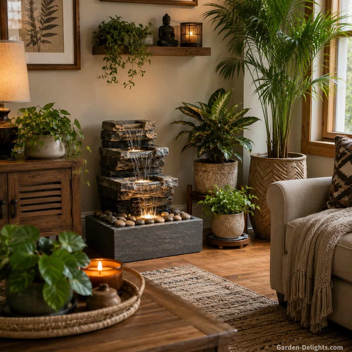 Indoor water fountain styled with low houseplants, medium foliage, taller floor plants, natural wood furniture, soft lighting and clear space for refilling and pump maintenance