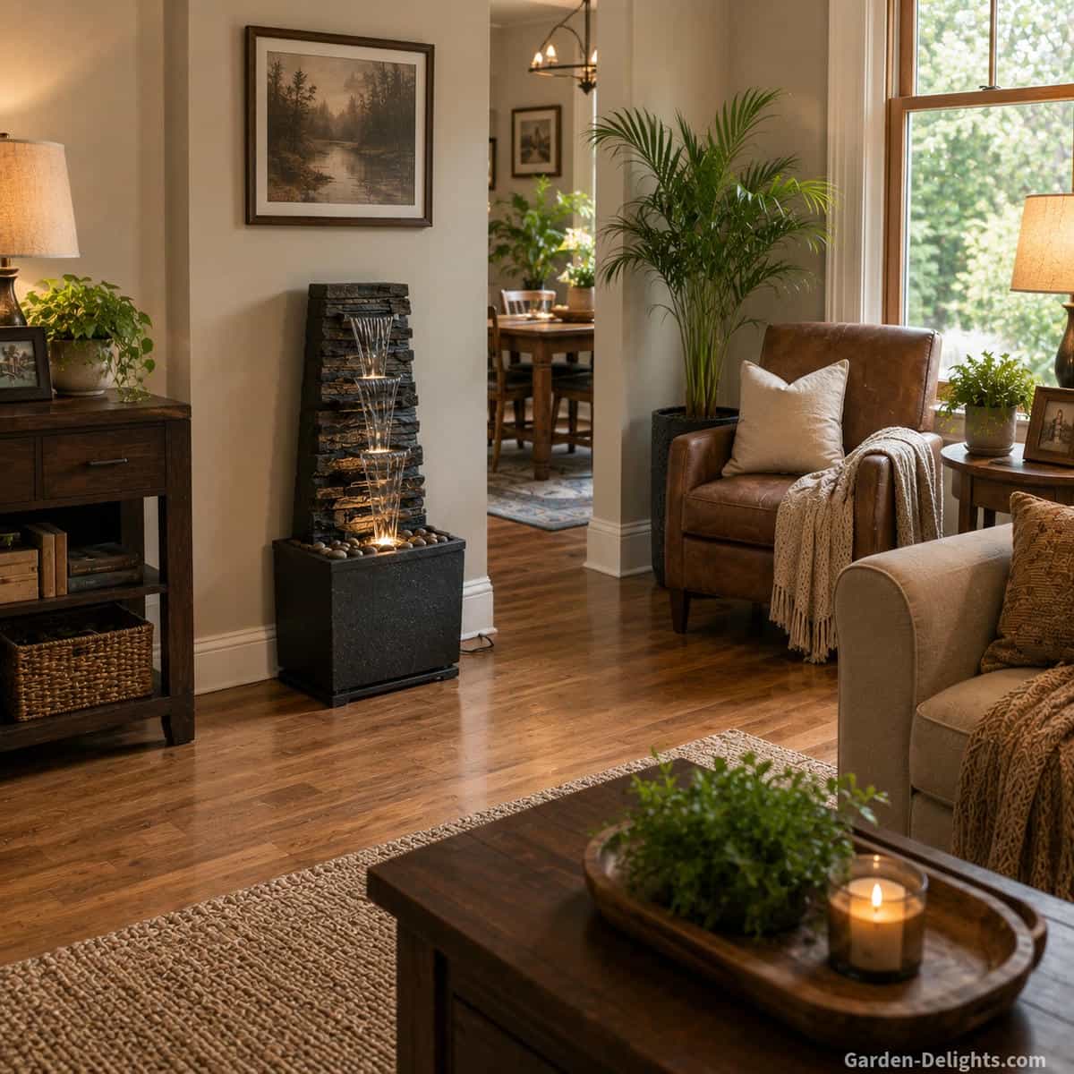 Indoor floor fountain positioned beside a comfortable seating area with clear walking space, balanced furniture placement, protected flooring and an open viewing angle