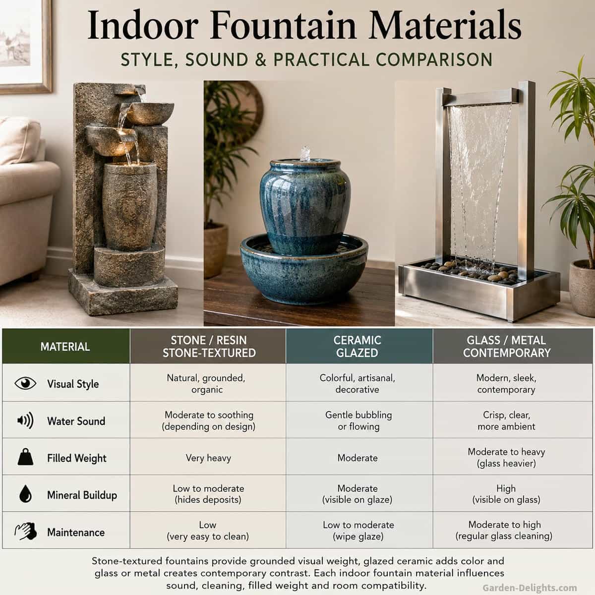 Indoor display comparing a stone textured floor fountain, glazed ceramic tabletop fountain and contemporary glass and metal water feature