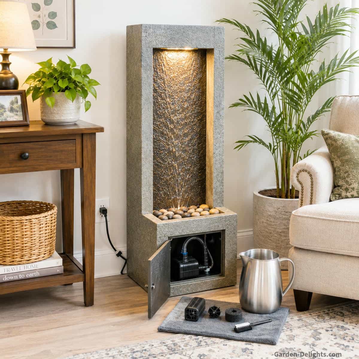 Indoor water fountain with concealed electrical cord, accessible pump compartment, protected flooring, open maintenance space and a nearby container for convenient reservoir refilling