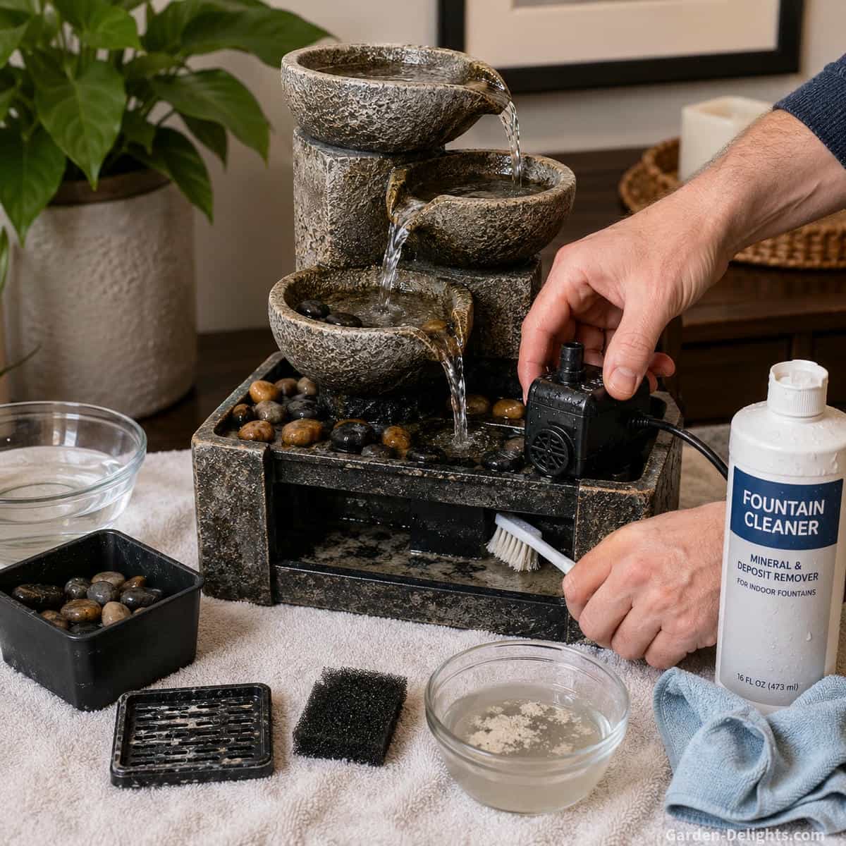 Cleaning an indoor water fountain reservoir by removing dust, mineral deposits and decorative stones while maintaining clear water, quiet pump circulation and protected furniture