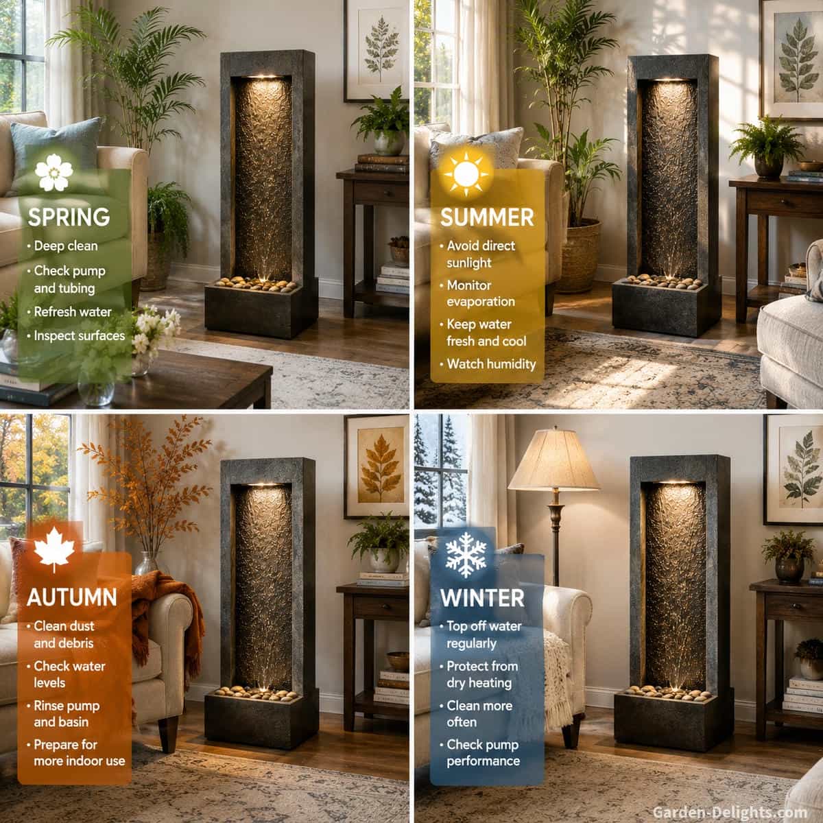 Four-season indoor fountain care comparison showing spring cleaning, summer sunlight, autumn household dust and dry winter heating around the same living room water fountain