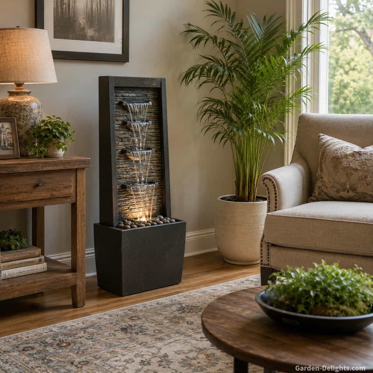 Proportionate freestanding indoor water fountain beside a console, lounge chair, houseplant and area rug in a comfortable living room with clear walking space and protected flooring