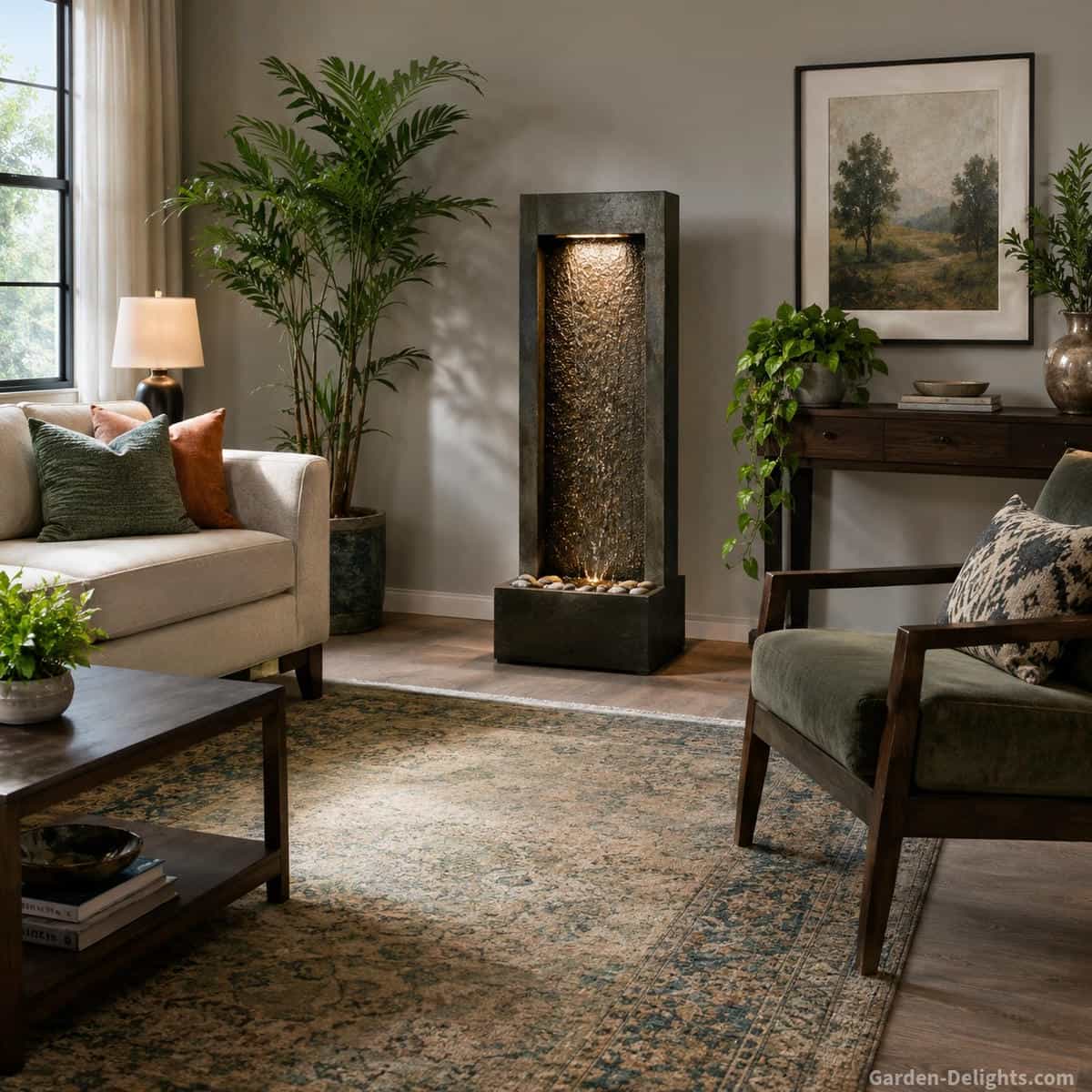 Medium freestanding indoor water fountain beside a sofa, reading chair, console table, area rug and houseplants showing balanced room scale, furniture proportion and comfortable walking space