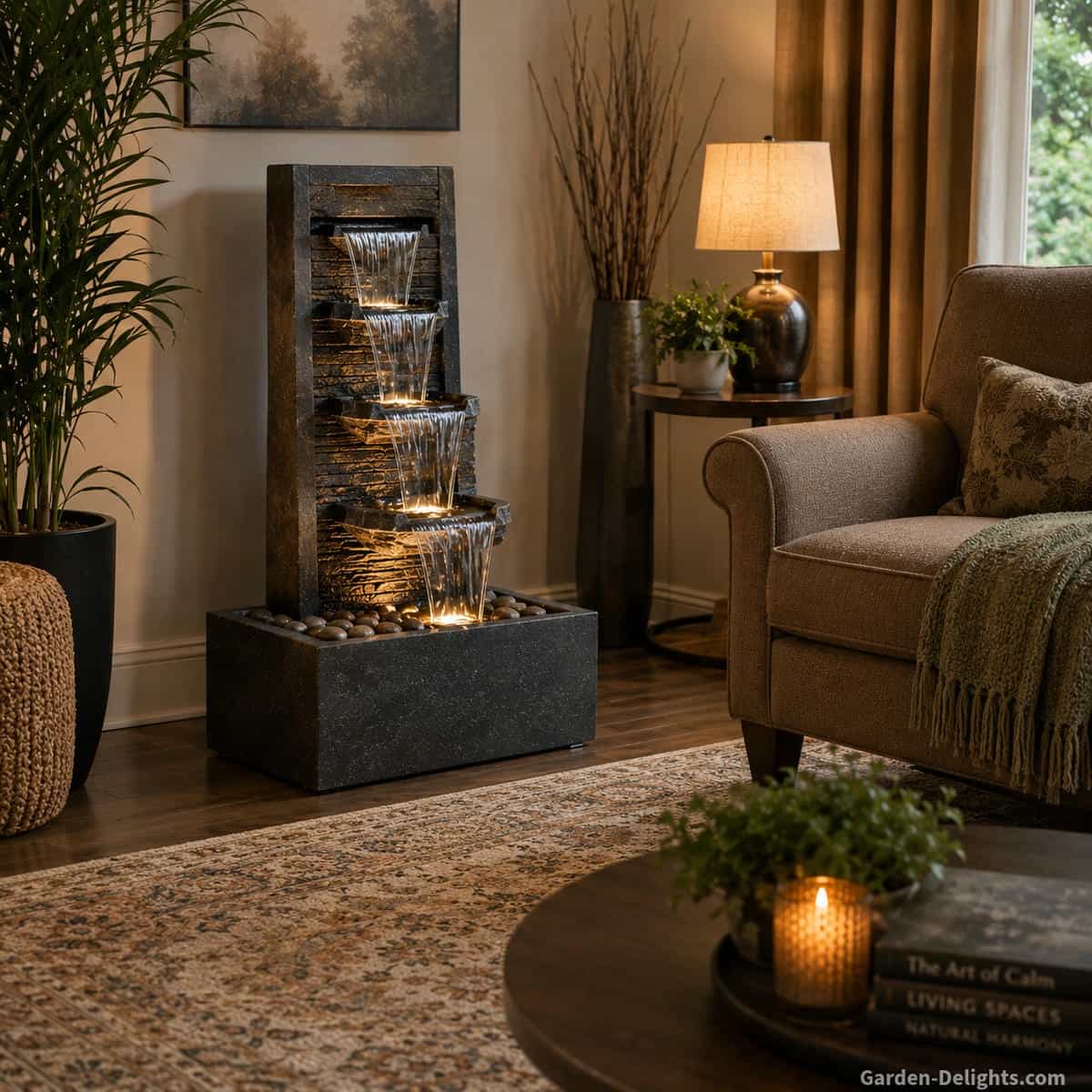 Indoor water fountain creating gentle cascading sound in a furnished room with an area rug, upholstered seating, curtains and other soft acoustic surfaces
