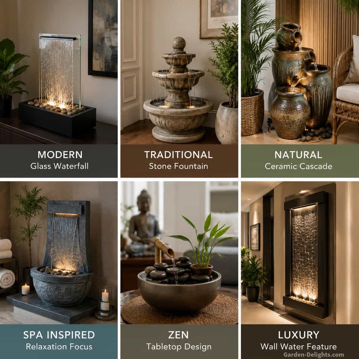 Indoor fountain style collection with modern glass, traditional stone, minimalist ceramic, Japandi and contemporary metal water features for coordinated home decor