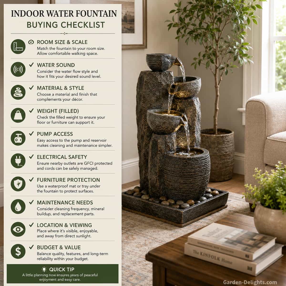 Indoor water fountain buying checklist beside a peaceful floor fountain in a furnished living room with protected flooring and open walking space