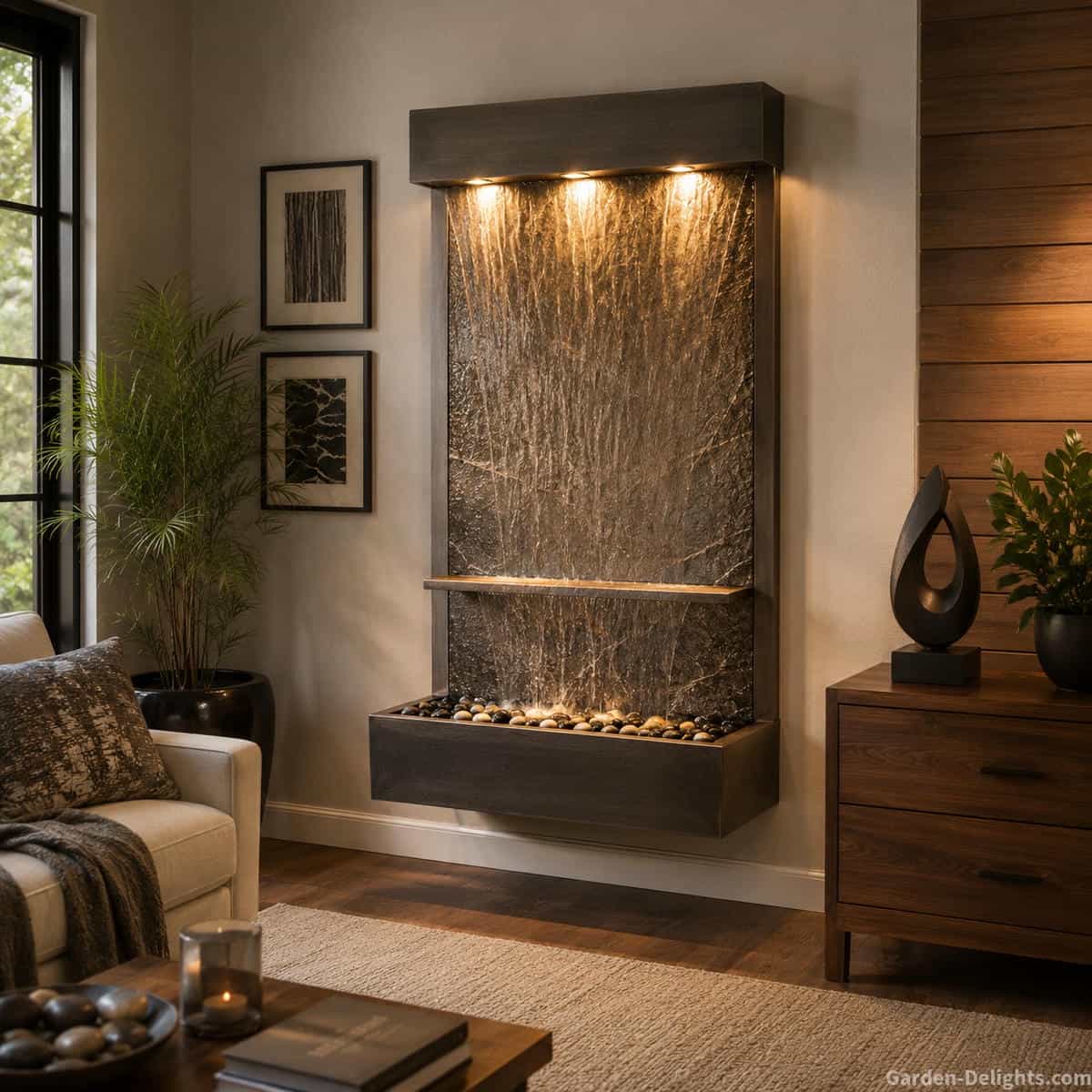 Indoor water fountain comparison display showing tabletop, wall mounted and freestanding designs for different rooms, sound preferences, decorating styles and space needs