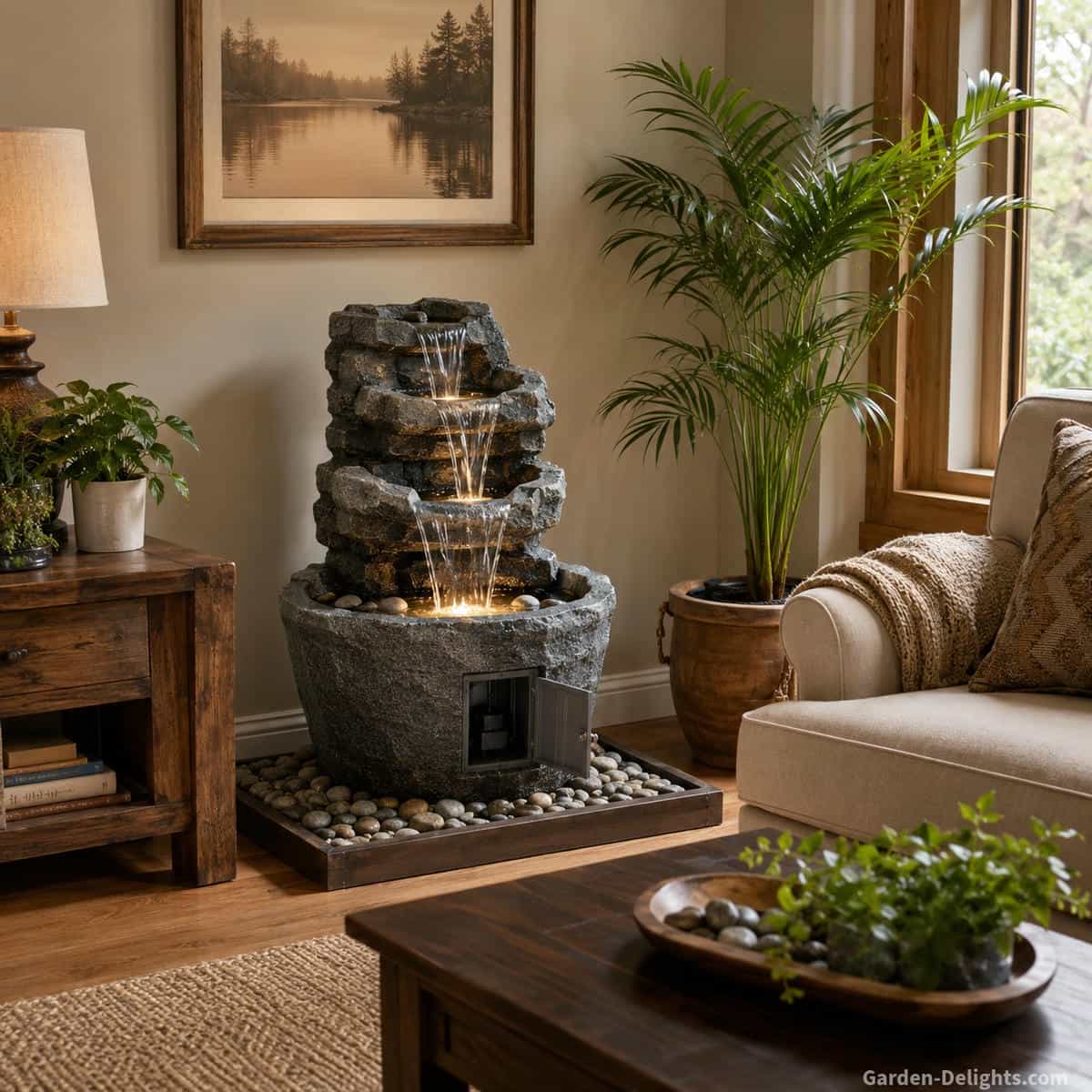 Indoor water fountain placed in a peaceful living room corner with warm wood furniture, neutral walls, soft daylight, houseplants, natural stone textures and clear access for refilling and pump maintenance