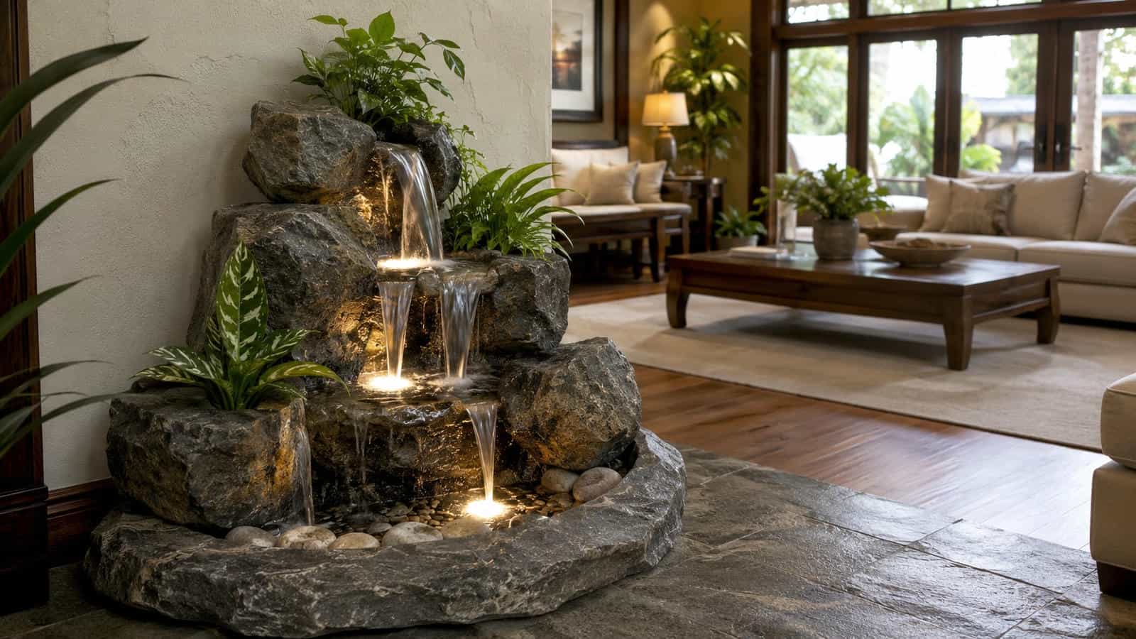Elegant indoor water fountain in a comfortable living room with a natural stone cascade, warm wood furniture, neutral walls, houseplants, soft daylight, protected flooring and an open seating area