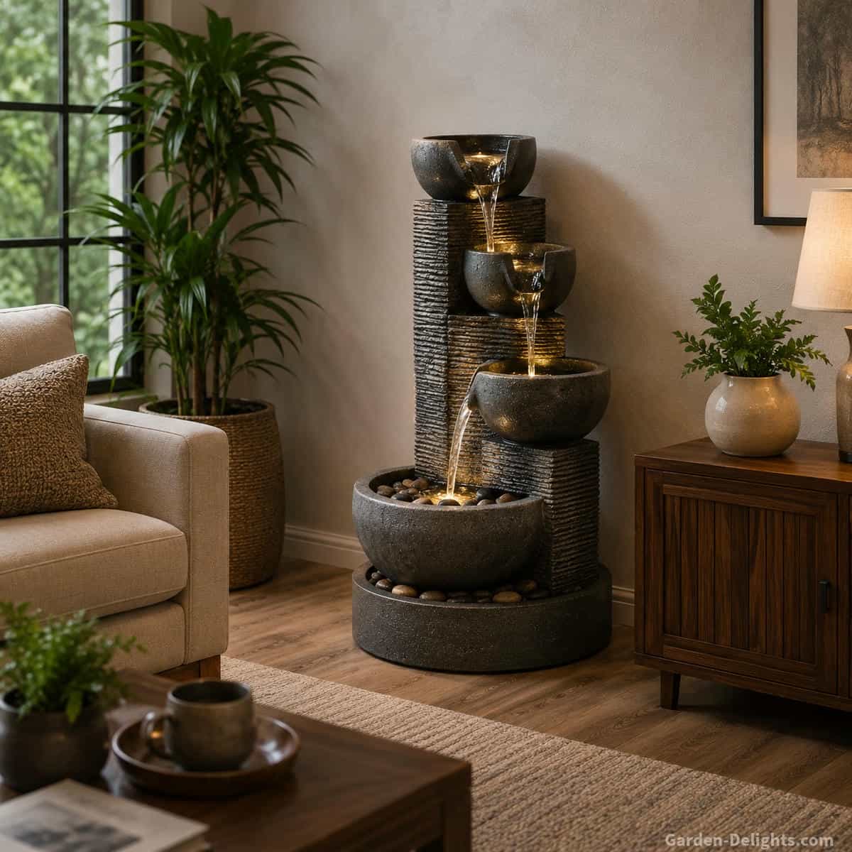 Freestanding indoor water fountain with steady cascading water beside comfortable furniture, houseplants, protected flooring, concealed electrical access and open space for reservoir and pump maintenance