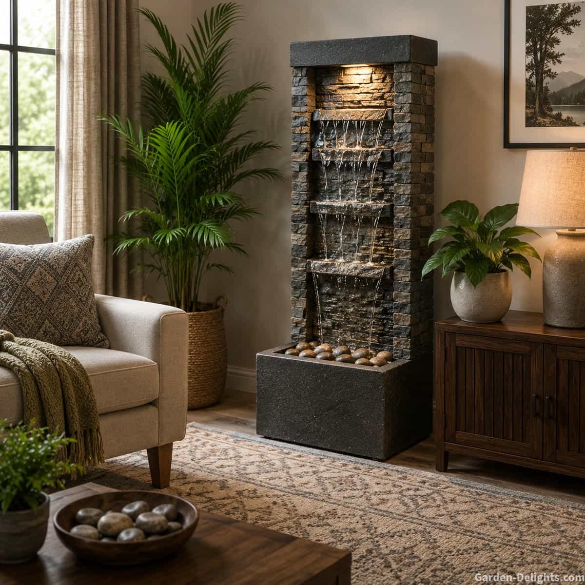 Natural stone indoor fountain beside an area rug, upholstered chair, curtains, houseplants and wood furniture showing how soft and hard room surfaces influence water sound and acoustic comfort