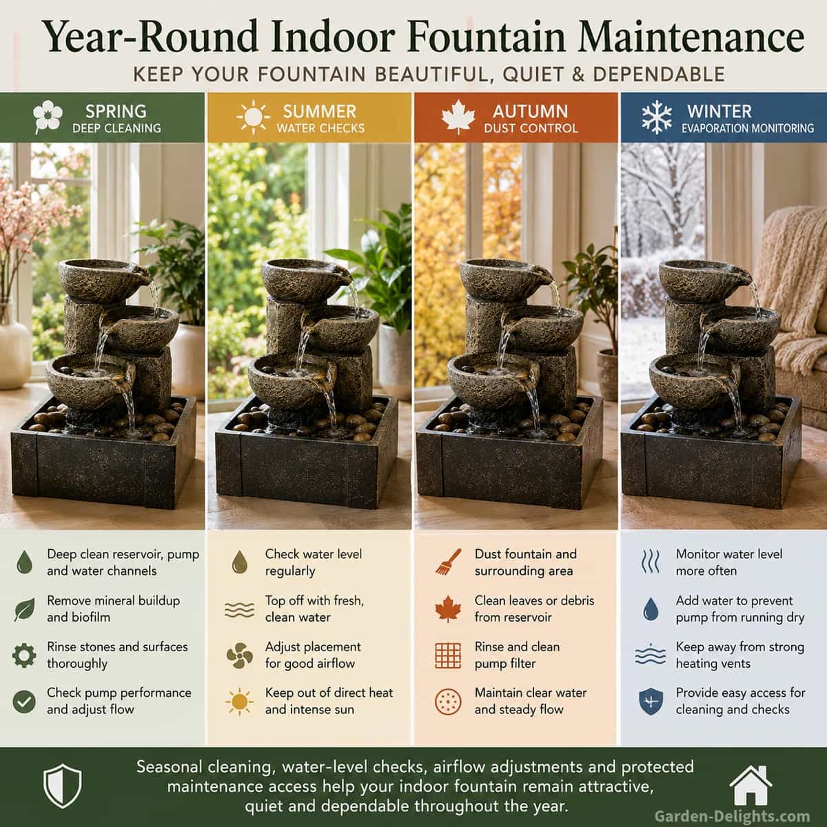 Year-round indoor fountain maintenance infographic showing spring deep cleaning, summer water checks, autumn dust control and winter evaporation monitoring around the same home fountain