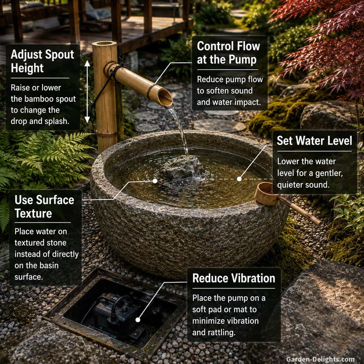 Close view of a Japanese granite basin fountain with an adjustable bamboo spout, visible water level marks, concealed pump control and textured stone used to change flow, splash and sound