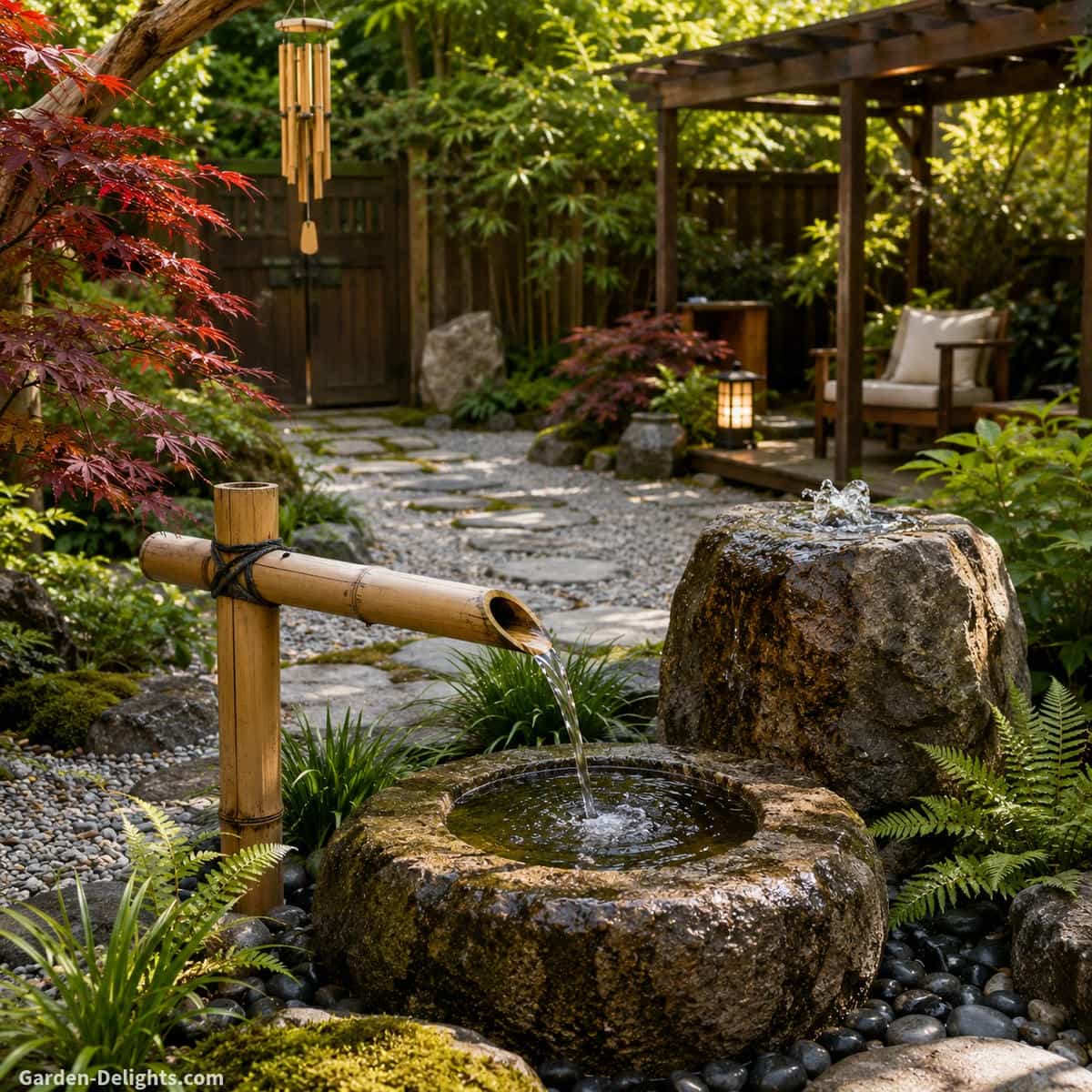Japanese garden fountain ideas with bamboo water flow, weathered stone basin, bubbling rock, Japanese maple, gravel pathway and natural backyard landscaping