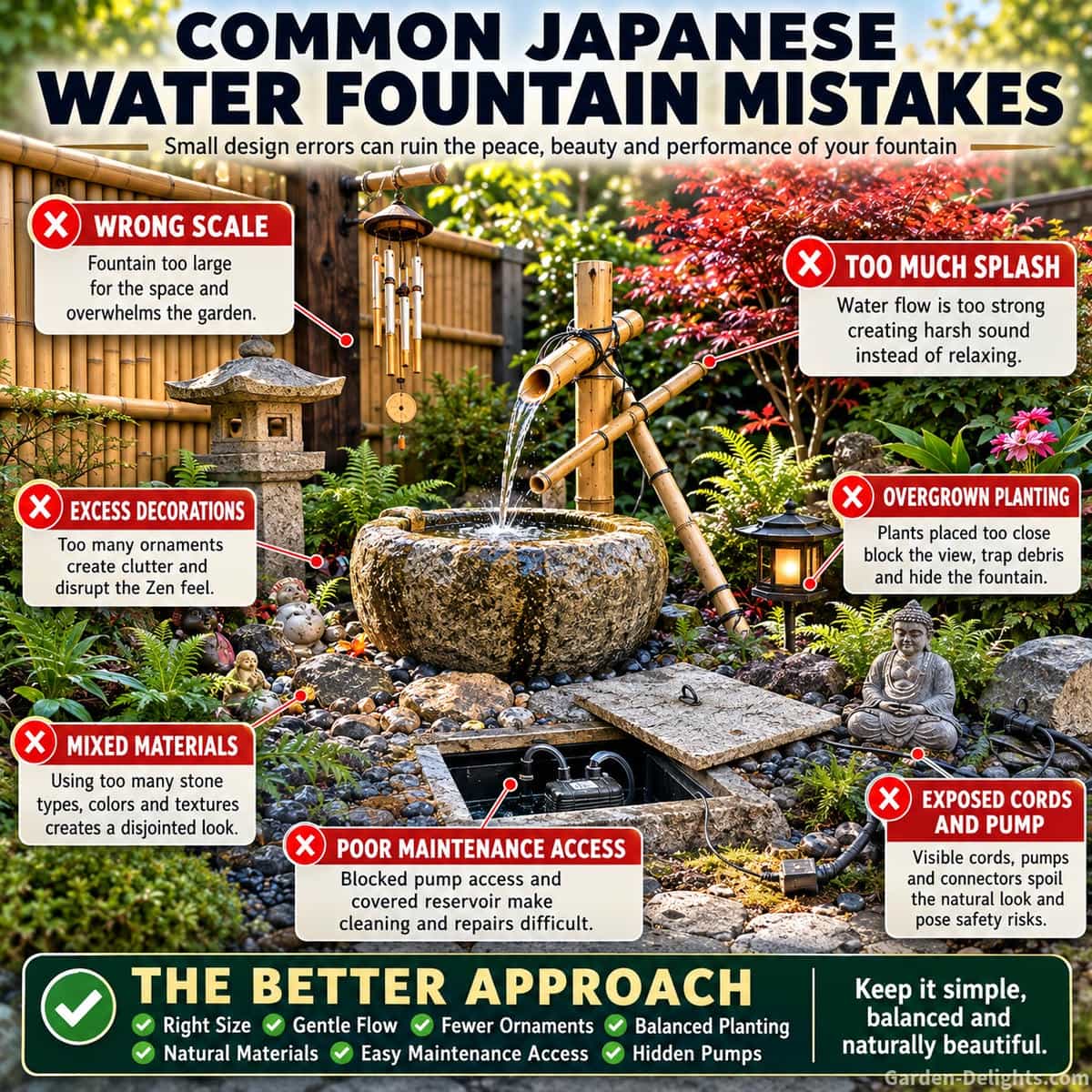 Japanese fountain design mistakes with oversized bamboo feature, heavy splash, crowded plants, mixed stones, blocked pump access and uneven garden basin
