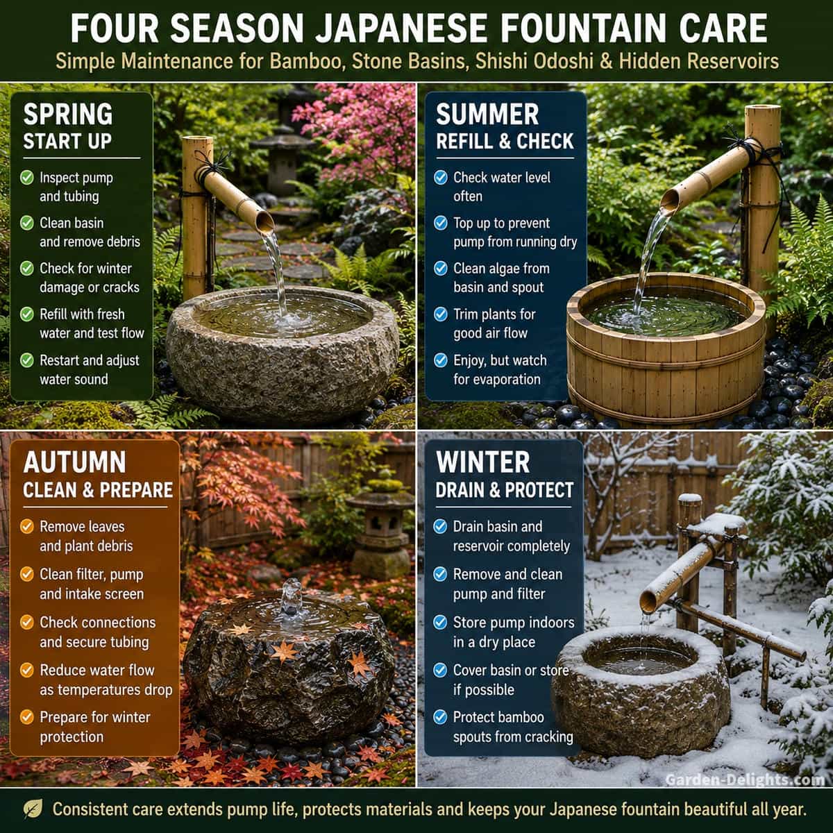 Four season Japanese water fountain care showing spring startup of a stone basin, summer refilling of a bamboo fountain, autumn leaf removal around a bubbling rock and winter drainage of a shishi odoshi fountain