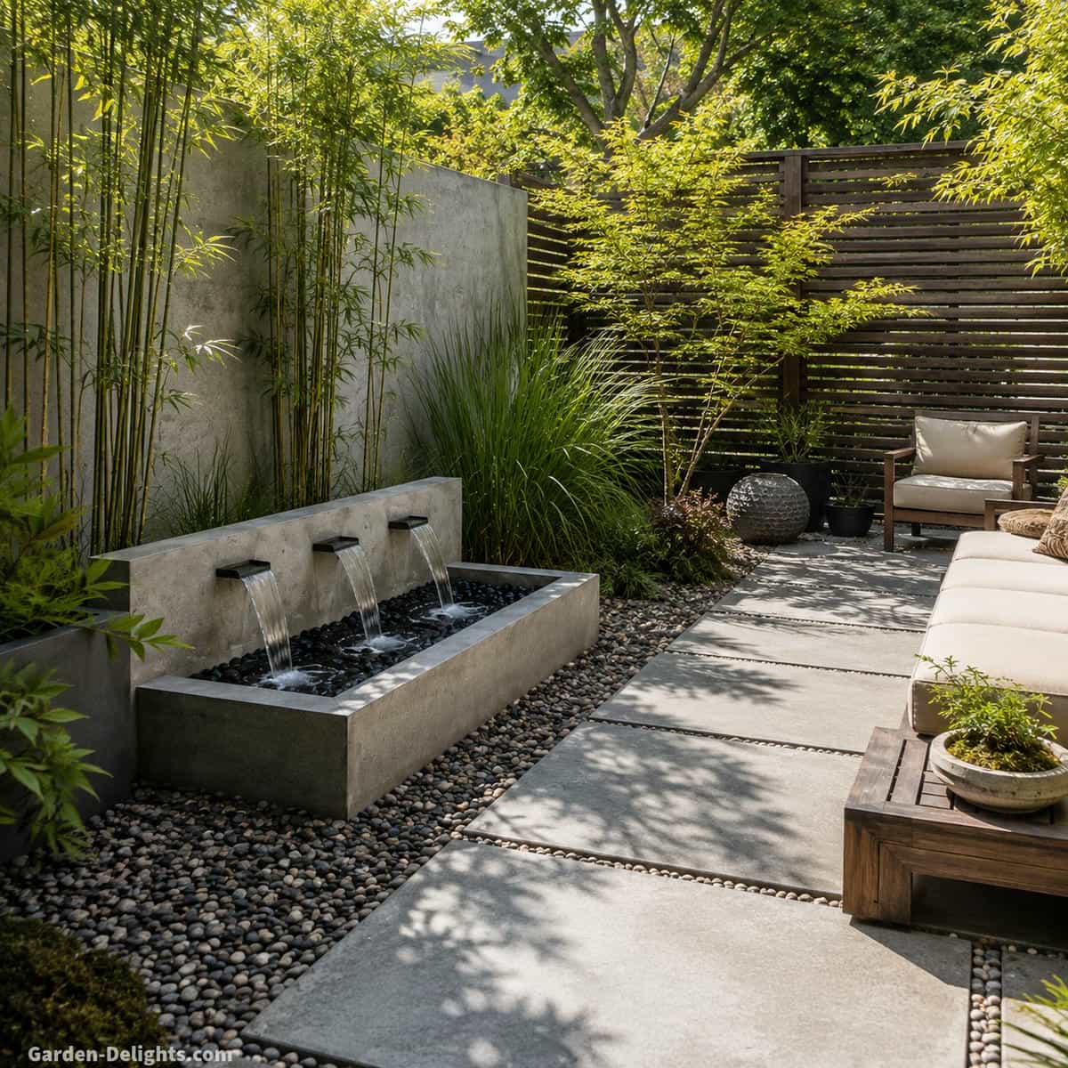 Modern rectangular Japanese courtyard fountain beside concrete paving, gravel, dark wood screening, ornamental grasses and cushioned outdoor seating with water sound reflecting from nearby walls