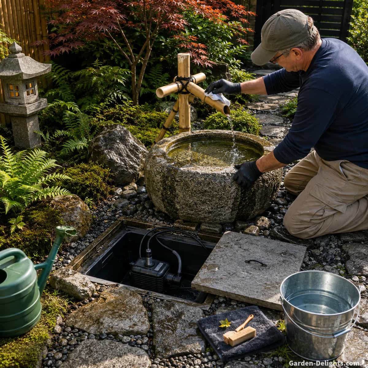 Japanese granite basin fountain being maintained in a realistic backyard garden with leaves removed, bamboo spout cleaned, pump access opened, fresh water added and gravel pathway kept clear beside ferns and a Japanese maple