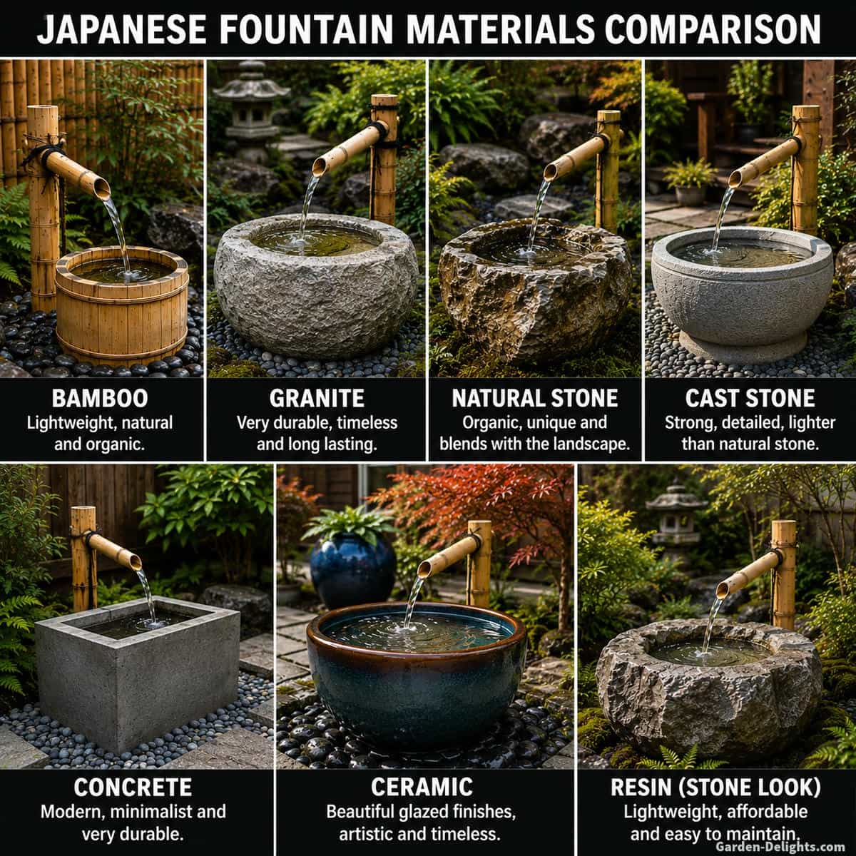 Japanese water fountain materials comparison showing aged bamboo spouts, carved granite basin, weathered natural stone, cast stone, smooth concrete, ceramic bowl and realistic stone look resin fountains in separate residential garden settings