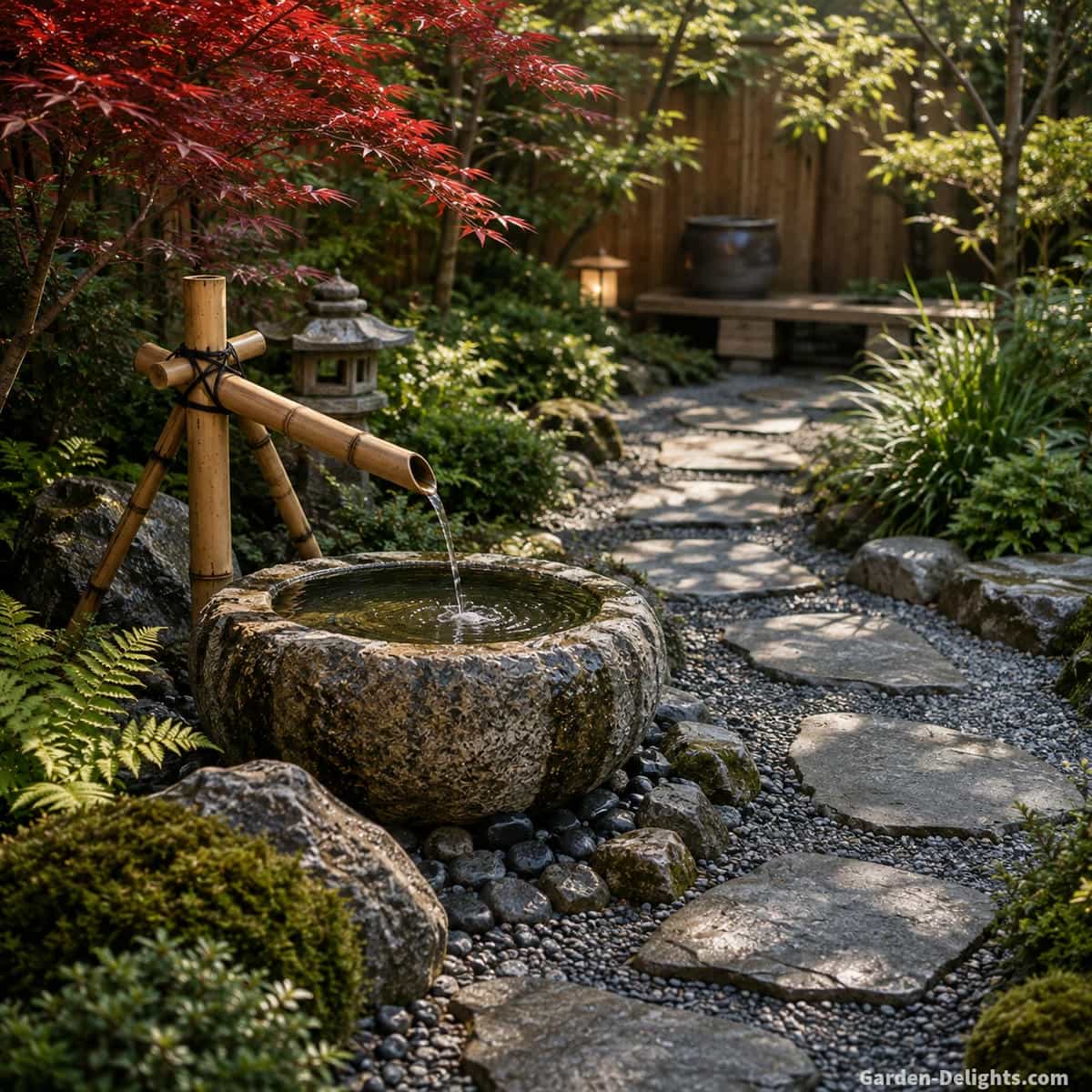Japanese water fountain with a weathered granite basin and bamboo spout beside a curved stepping stone path, gravel, ferns, moss, ornamental grasses and Japanese maple with open space around the water
