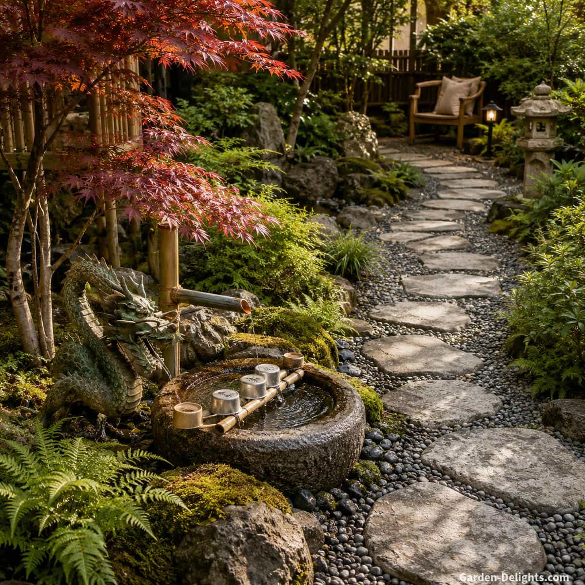 Japanese stone basin fountain placed beside a curved garden path, wooden bench, bamboo water spout, gravel, ferns and Japanese maple in a backyard