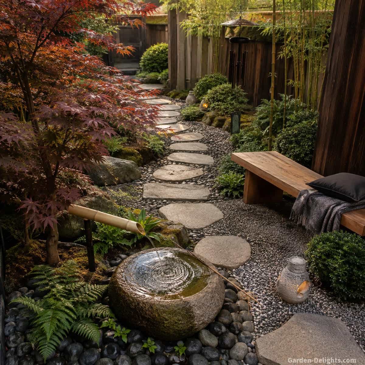 Low Japanese stone basin fountain beside a curved stepping stone path and simple wooden bench with a bamboo water spout, Japanese maple, ferns, gravel and restrained evergreen planting