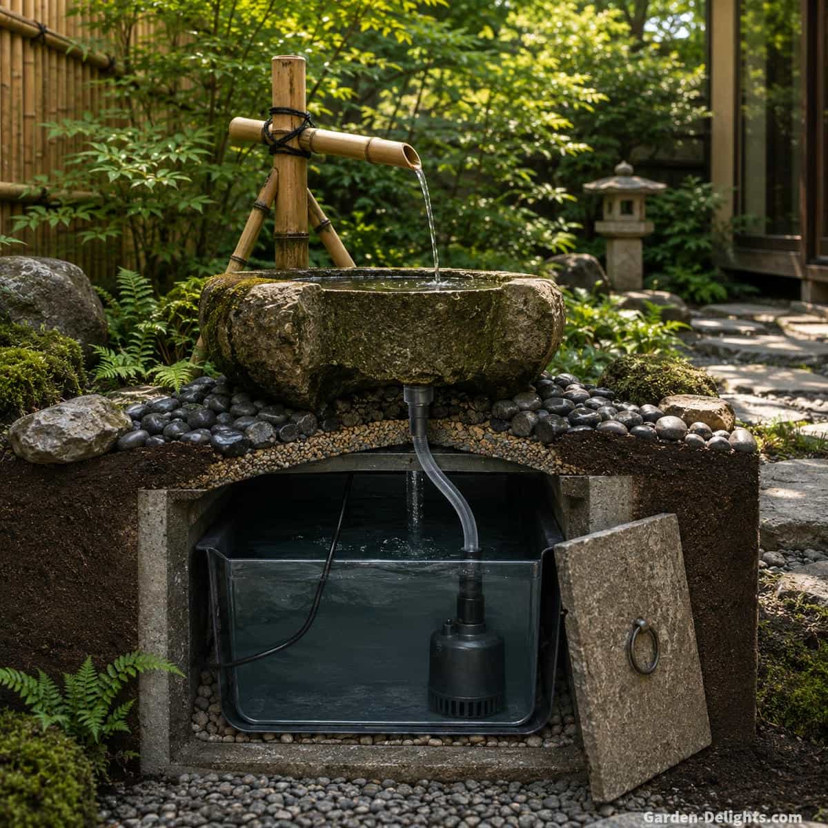 Japanese bamboo and stone water fountain cutaway showing a concealed submersible pump, hidden reservoir, flexible tubing, bamboo water spout, removable access panel and recirculating water path beneath decorative gravel