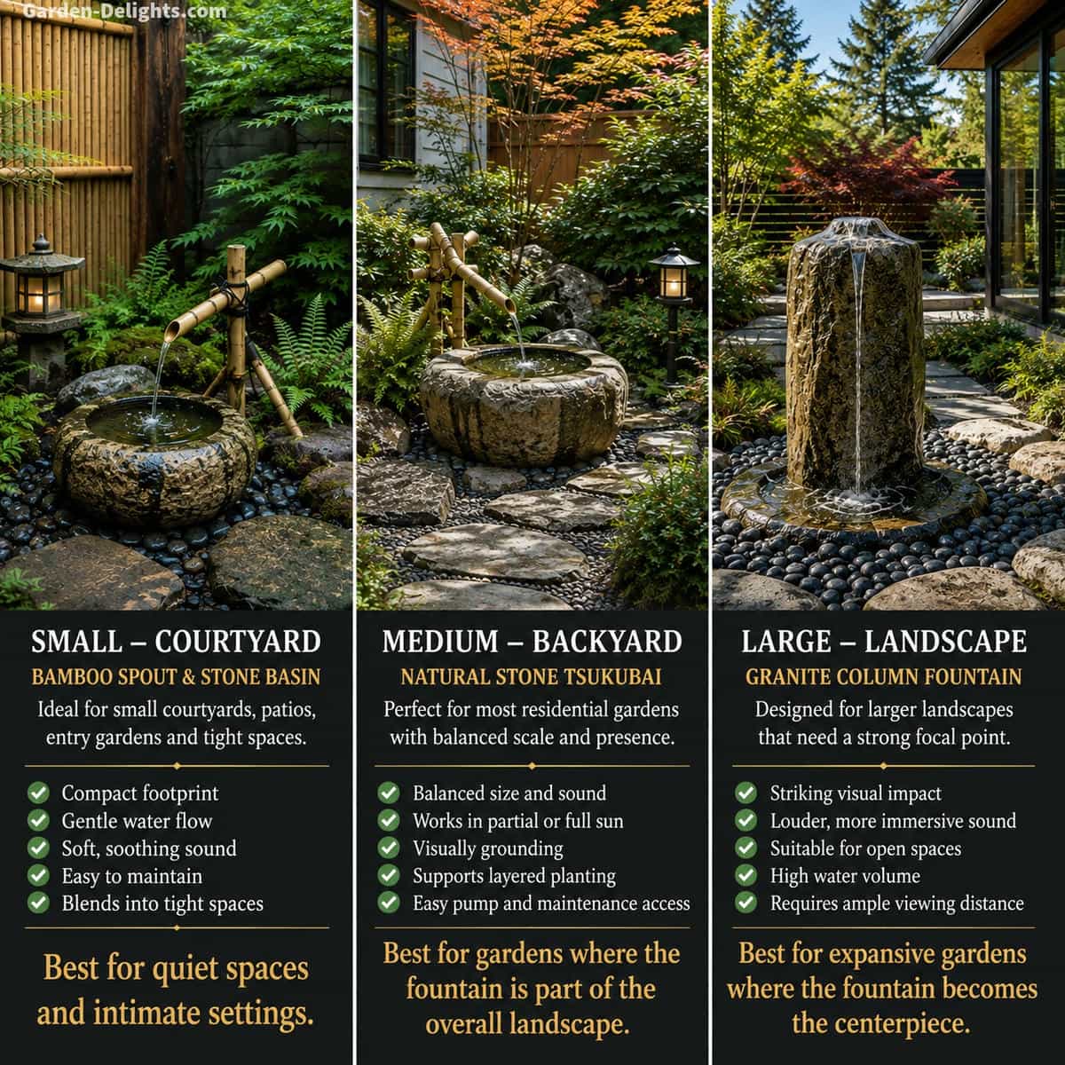 Japanese water fountain size comparison showing a compact bamboo basin in a small courtyard, a medium natural stone fountain in a suburban garden and a larger granite water feature in a broad landscaped backyard