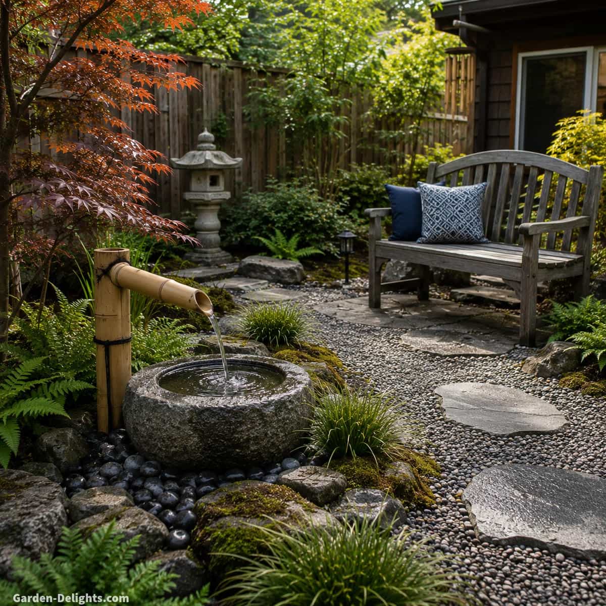 Quiet Japanese bamboo and stone fountain beside backyard seating with gravel path, ferns, ornamental grasses and Japanese maple for comfortable water sound