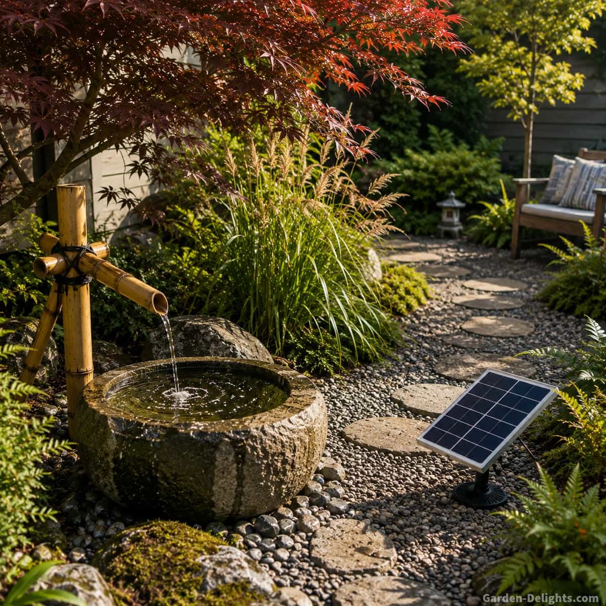 Japanese water fountain in partial shade with a bamboo stream entering a natural stone basin beside a sunny solar panel, wind moved ornamental grasses, Japanese maple, gravel pathway and seating beyond the splash area