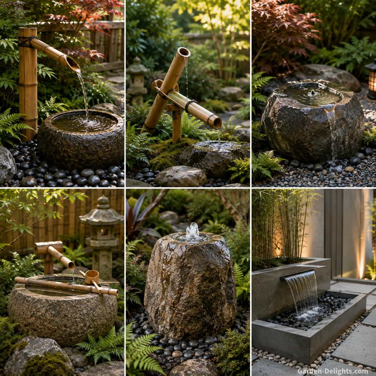 Japanese fountain type comparison with bamboo spout, tipping shishi odoshi, stone basin, tsukubai inspired fountain, bubbling rock and modern courtyard water feature