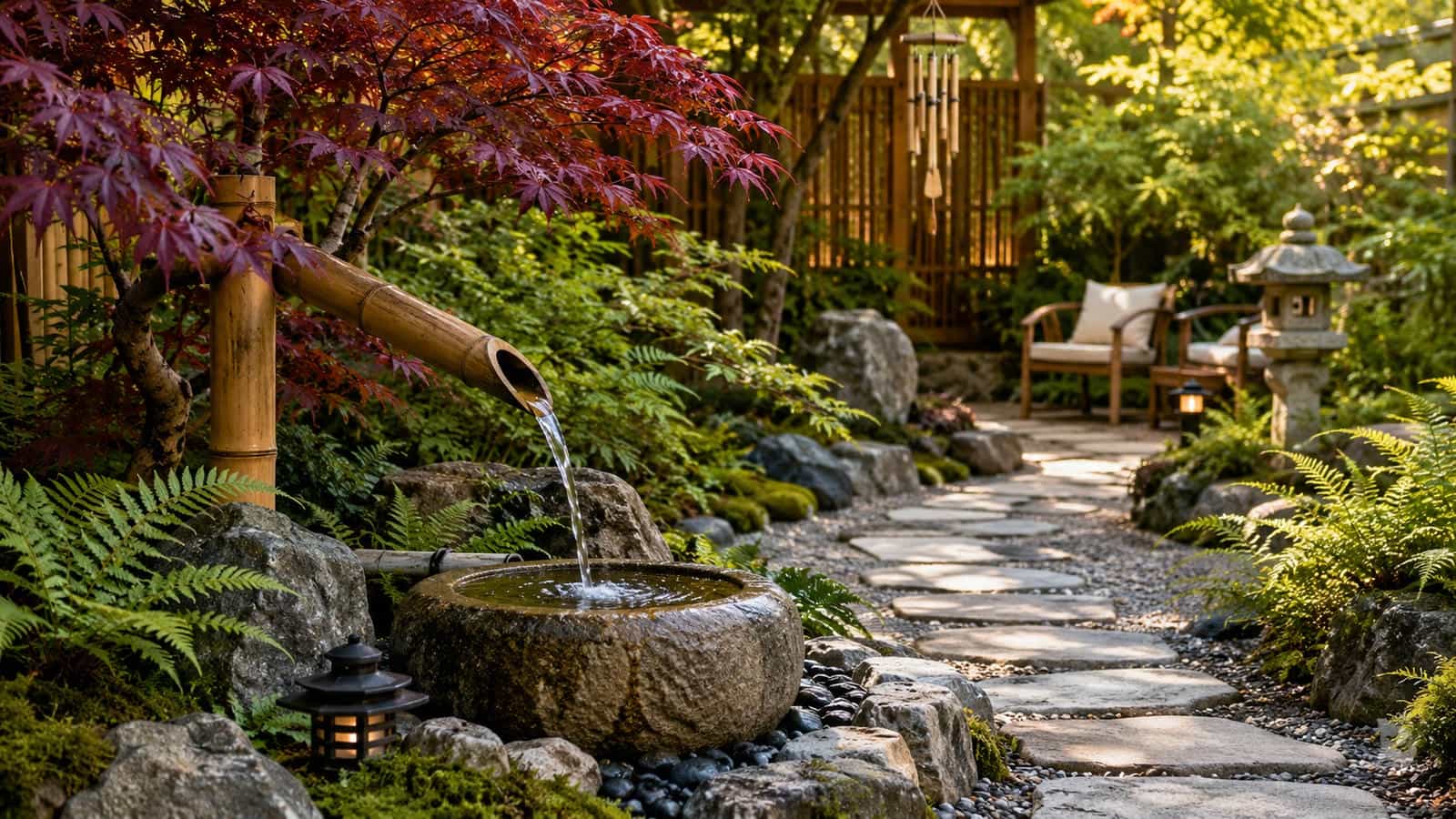 Japanese water fountain garden with a bamboo spout pouring into a weathered stone basin beside a Japanese maple, ferns, gravel, natural rocks and a curved stepping stone pathway