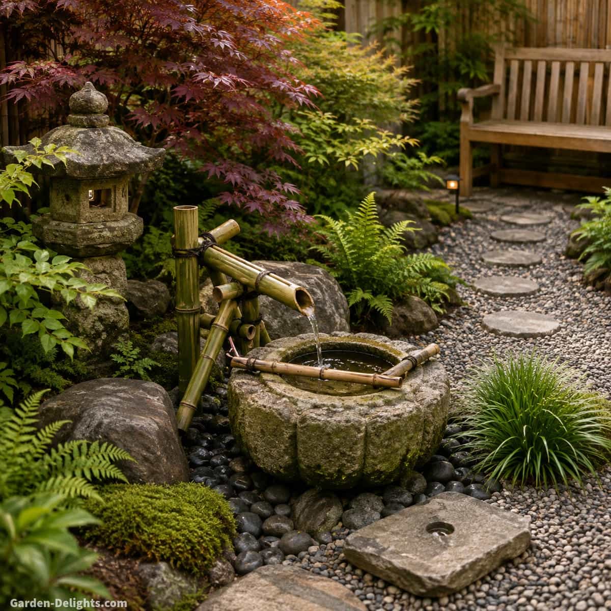 Residential shishi odoshi bamboo fountain beside a gravel maintenance path with accessible stone basin, concealed pump cover, Japanese maple, ferns, ornamental grasses and simple wooden garden bench