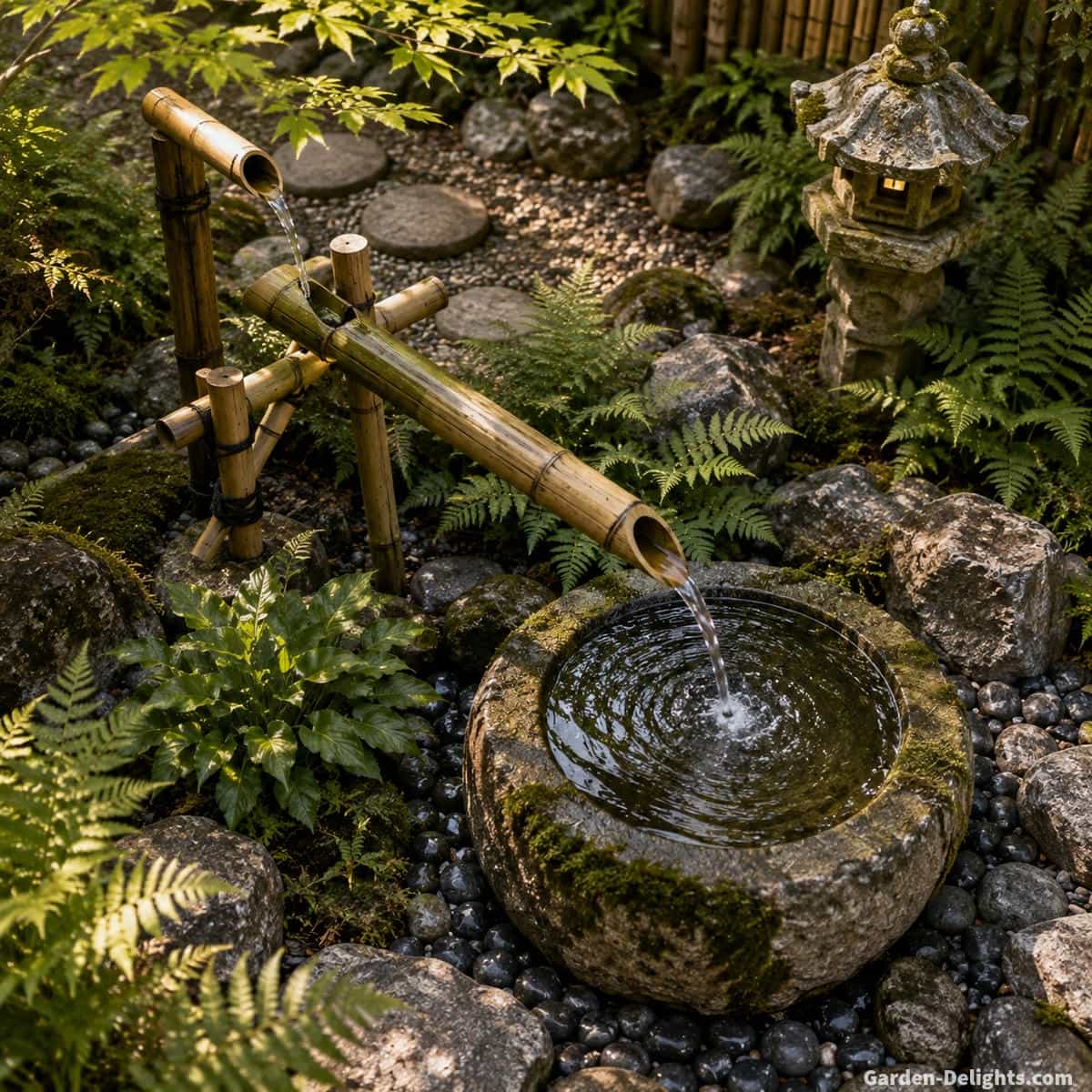 Japanese shishi odoshi bamboo water fountain with tipping tube, stone basin, gravel, ferns and pathway landscaping in a realistic residential garden