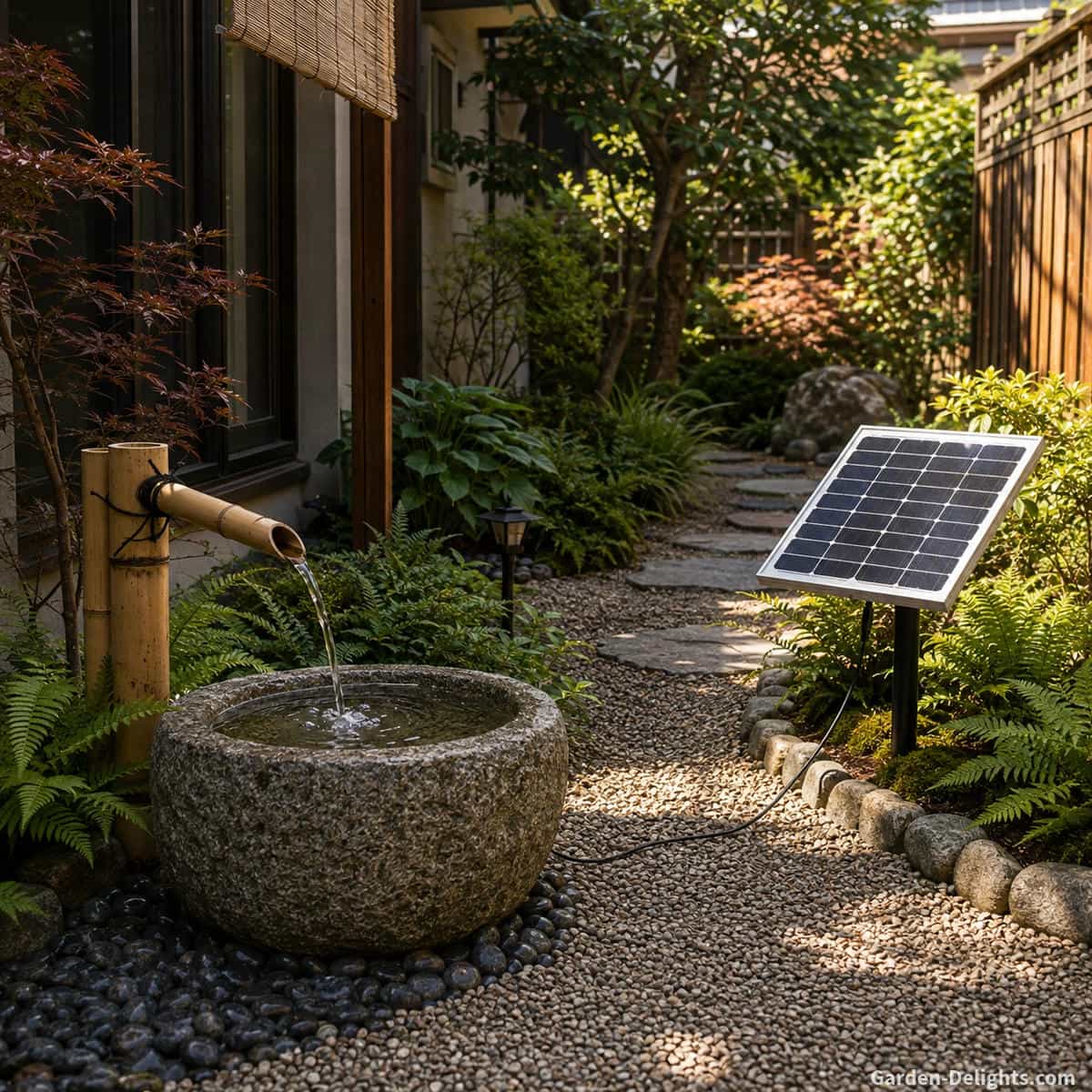 Solar Japanese bamboo water fountain pouring into a natural granite bowl in a partially shaded townhouse garden with a separate solar panel positioned in direct sunlight beside gravel, ferns and stepping stones