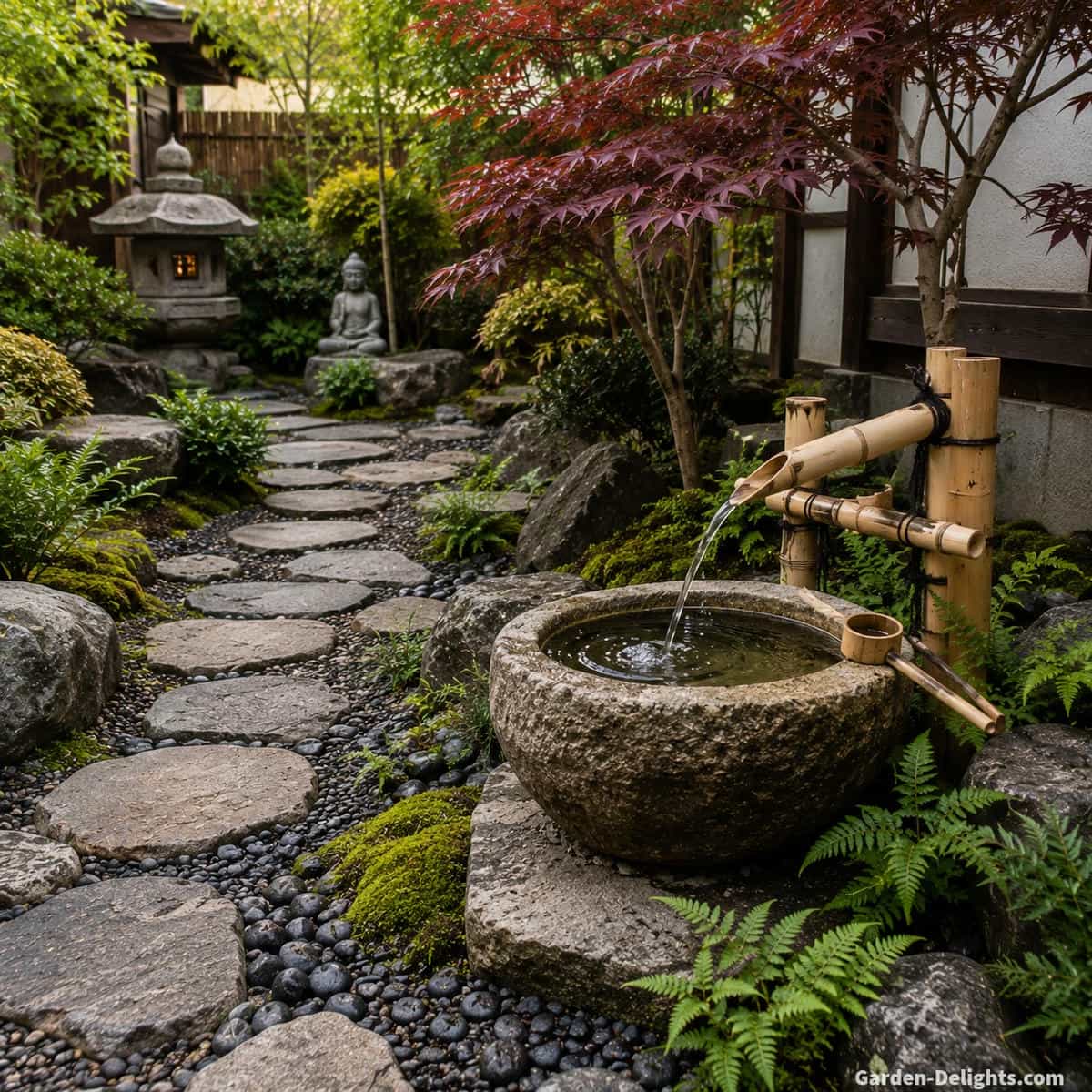 Japanese tsukubai inspired stone basin fountain with bamboo spout, stepping stone path, gravel, moss, ferns and Japanese maple garden landscaping